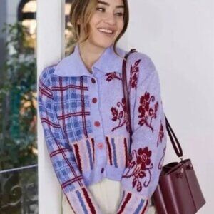 Kut from the Kloth Floral Plaid Button Down Sweater Cardigan NWT Small